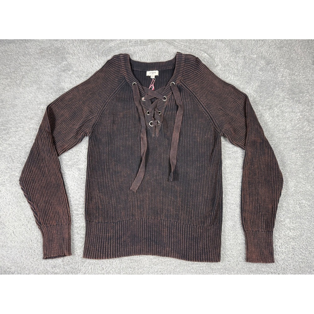 Umgee Lace Up Sweater Womens Medium Brown Acid Wash Ribbed Knit C0650 Excellent